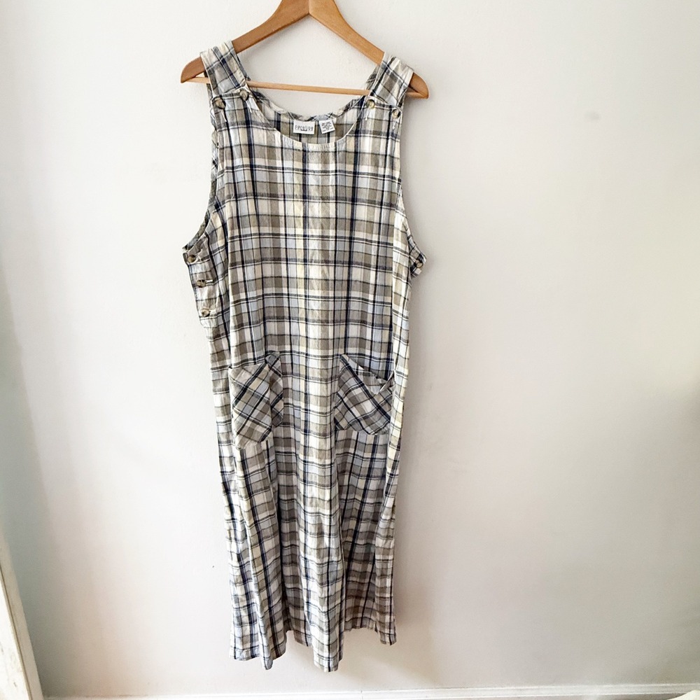 Vintage Jumper Dress Women 18W Blue Plaid Linen Blend Cottagecore Boho Gorpcore